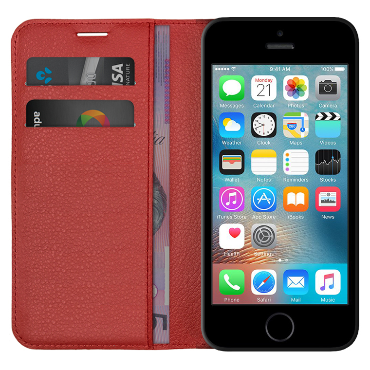 leather wallet case card holder pouch for apple iphone se iphone 5s red